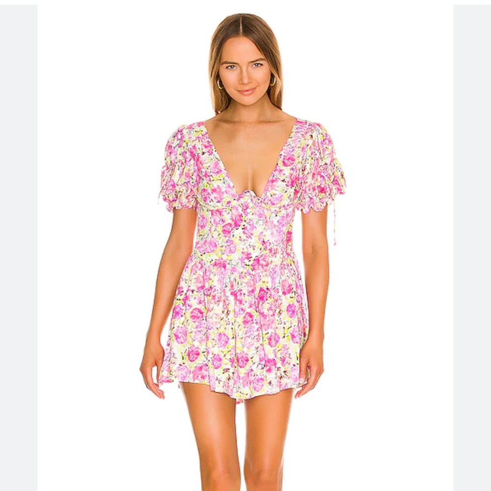 For Love & Lemons Paulina Puff Sleeve Mini Dress in Pink